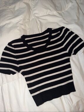 Striped Black and Cream Short-Sleeve Knit Crop Top